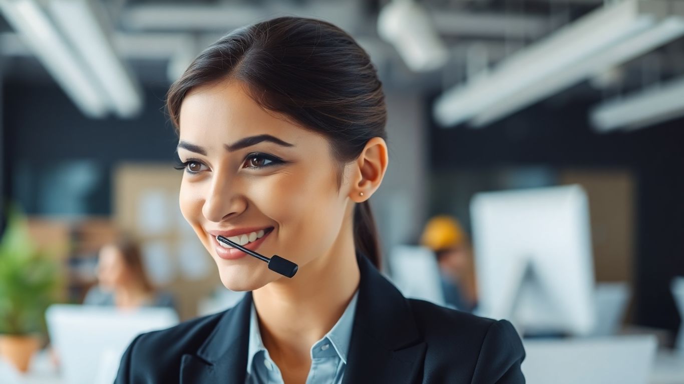 Professional woman wearing a headset, speaking attentively.