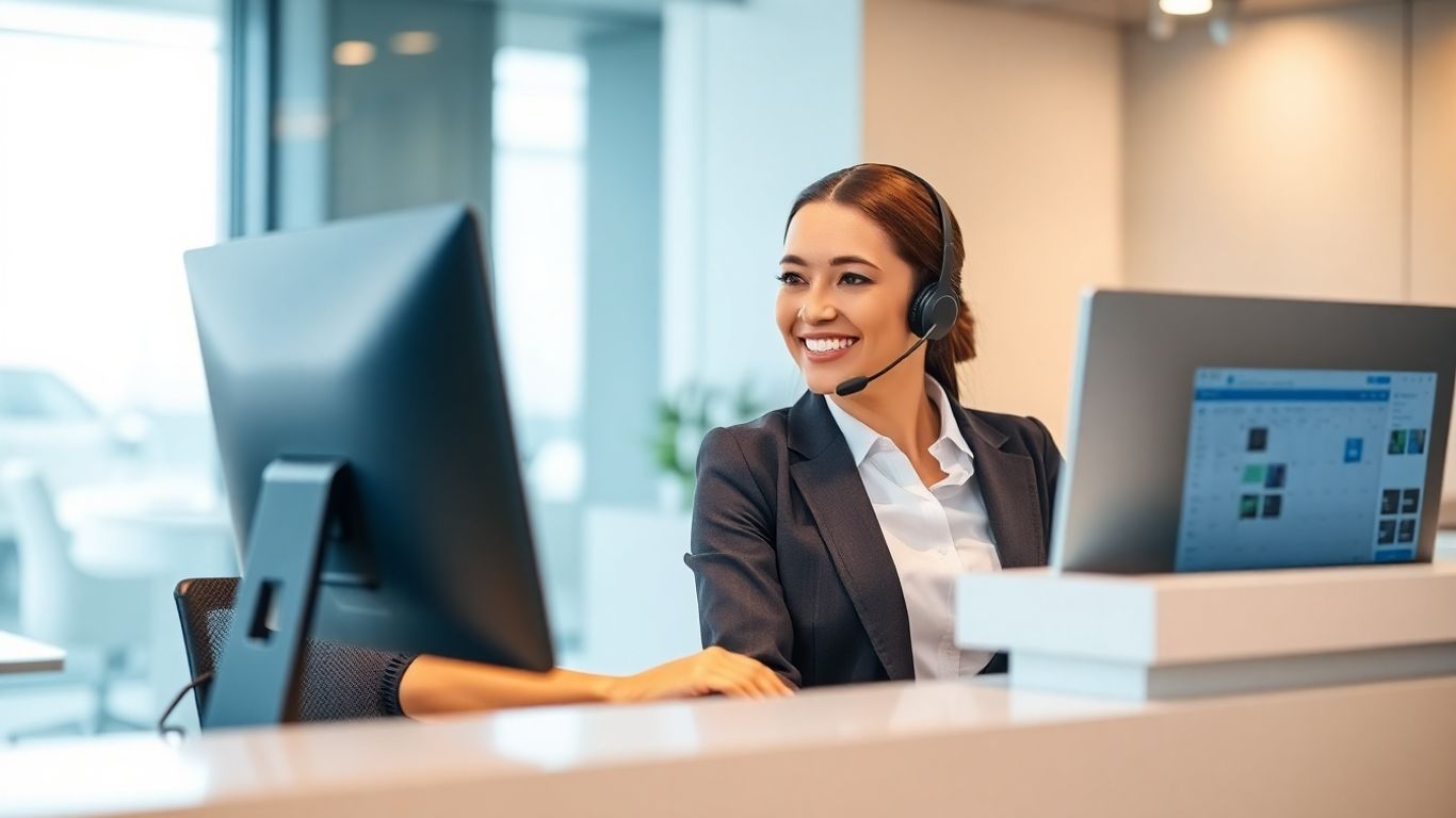 Professional receptionist answering a phone call.