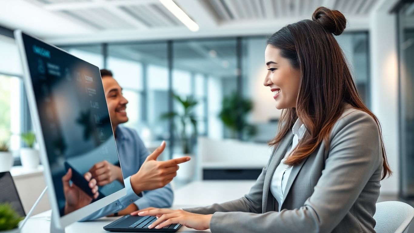Professional assisting client with digital interface