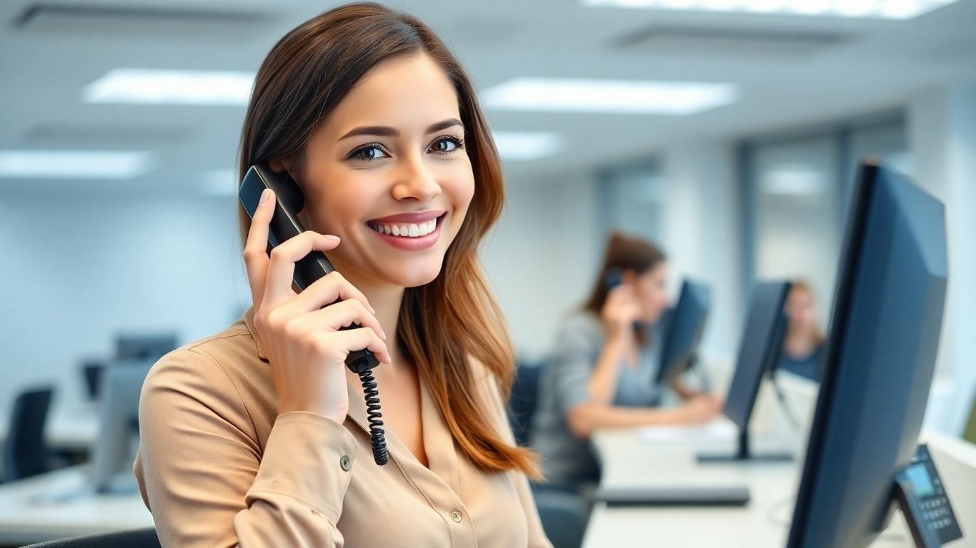Receptionist handling multiple calls with a smile.
