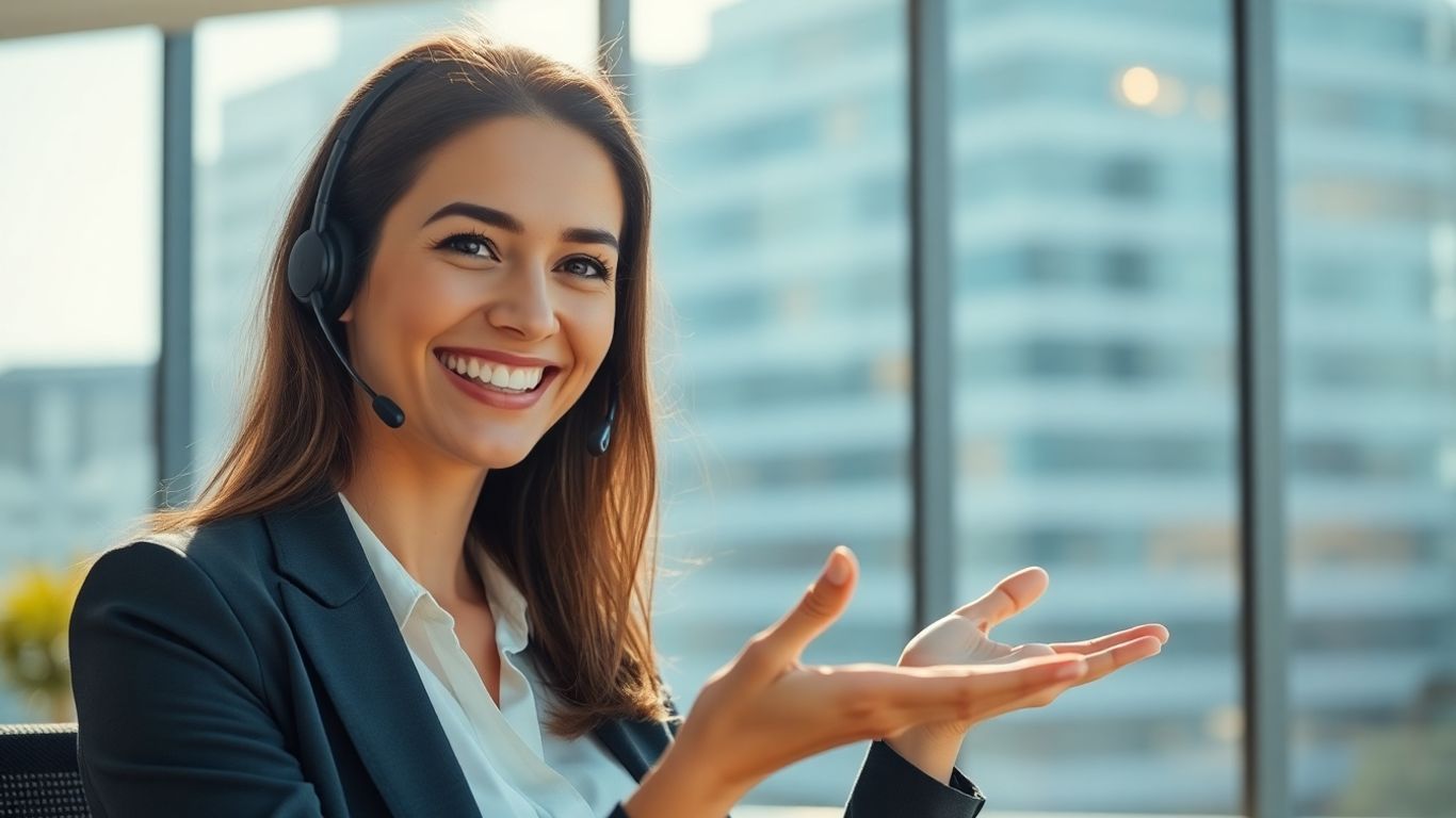 Professional woman with headset, office background