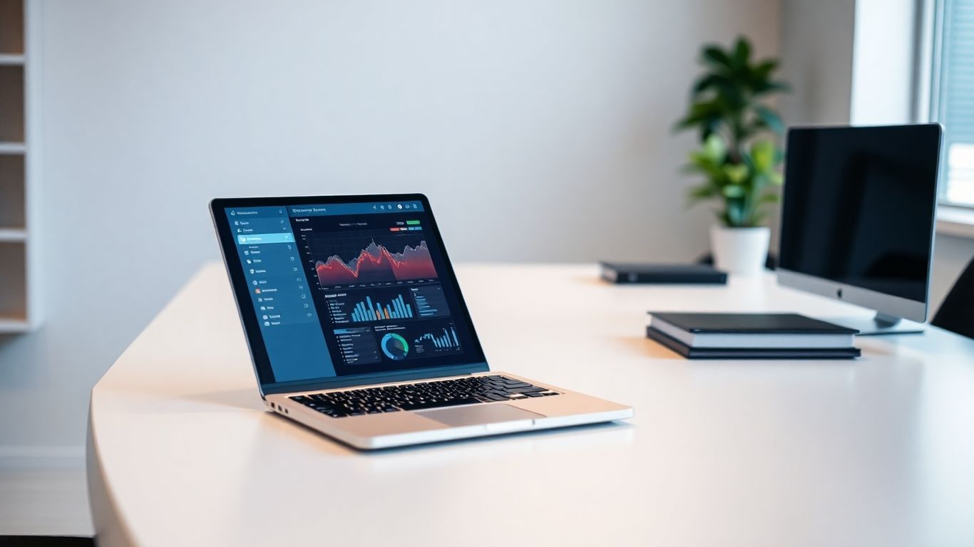 Laptop displaying abstract data visualizations on an office desk.