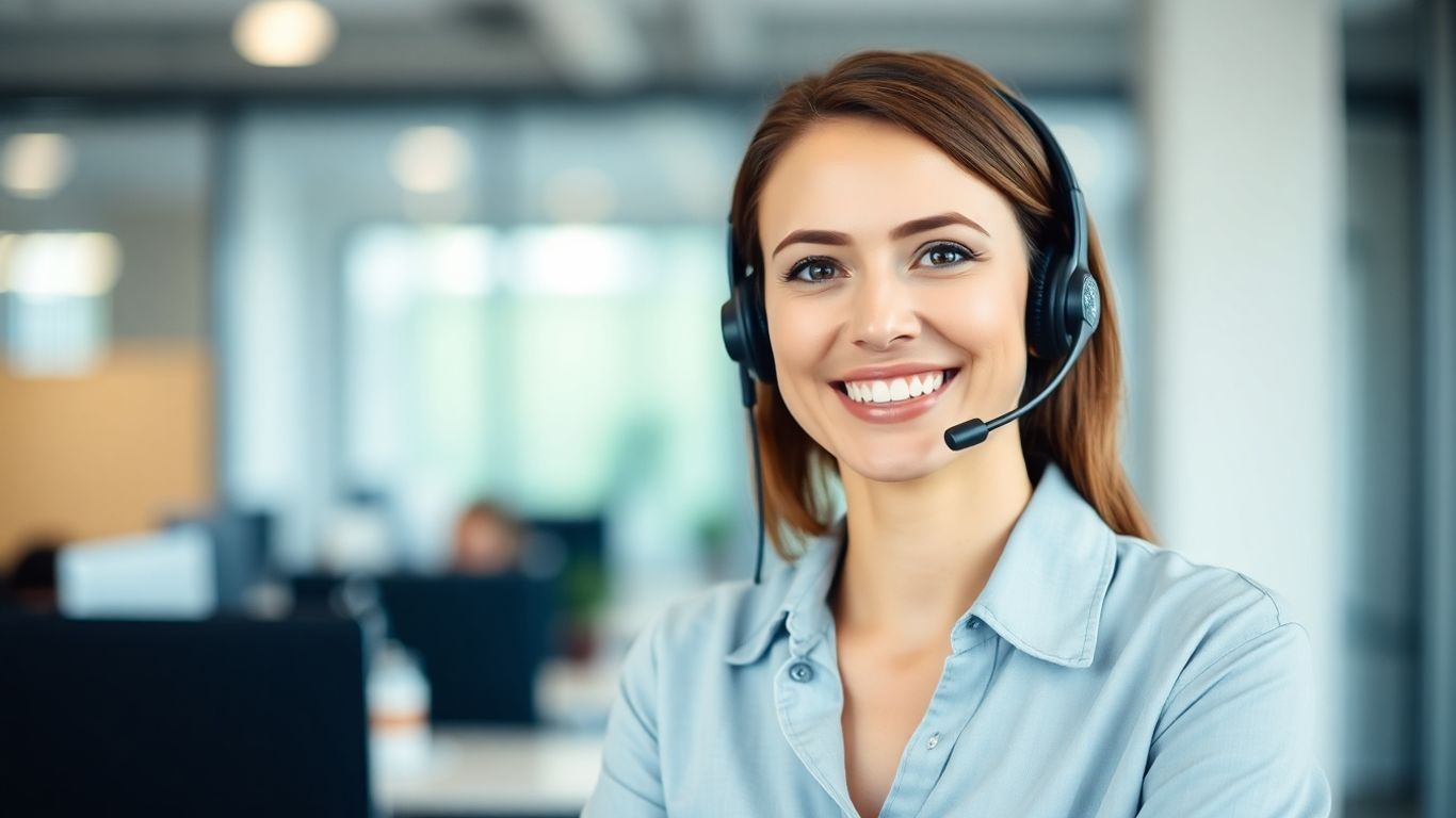 Professional woman wearing a headset in an office.