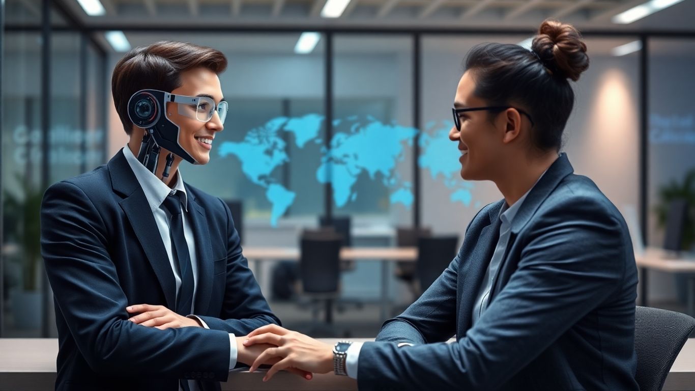 AI receptionist assisting a business professional in an office.
