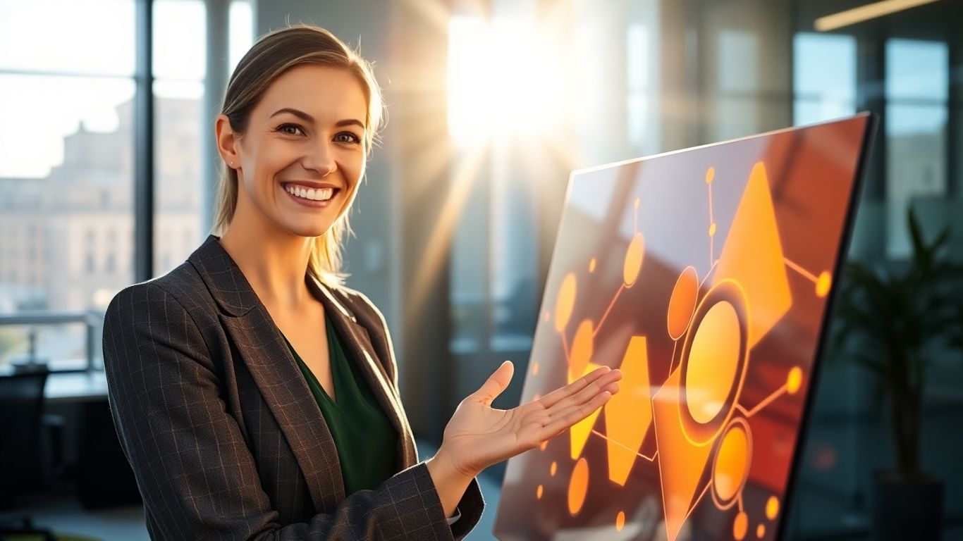 Professional woman interacting with futuristic AI interface