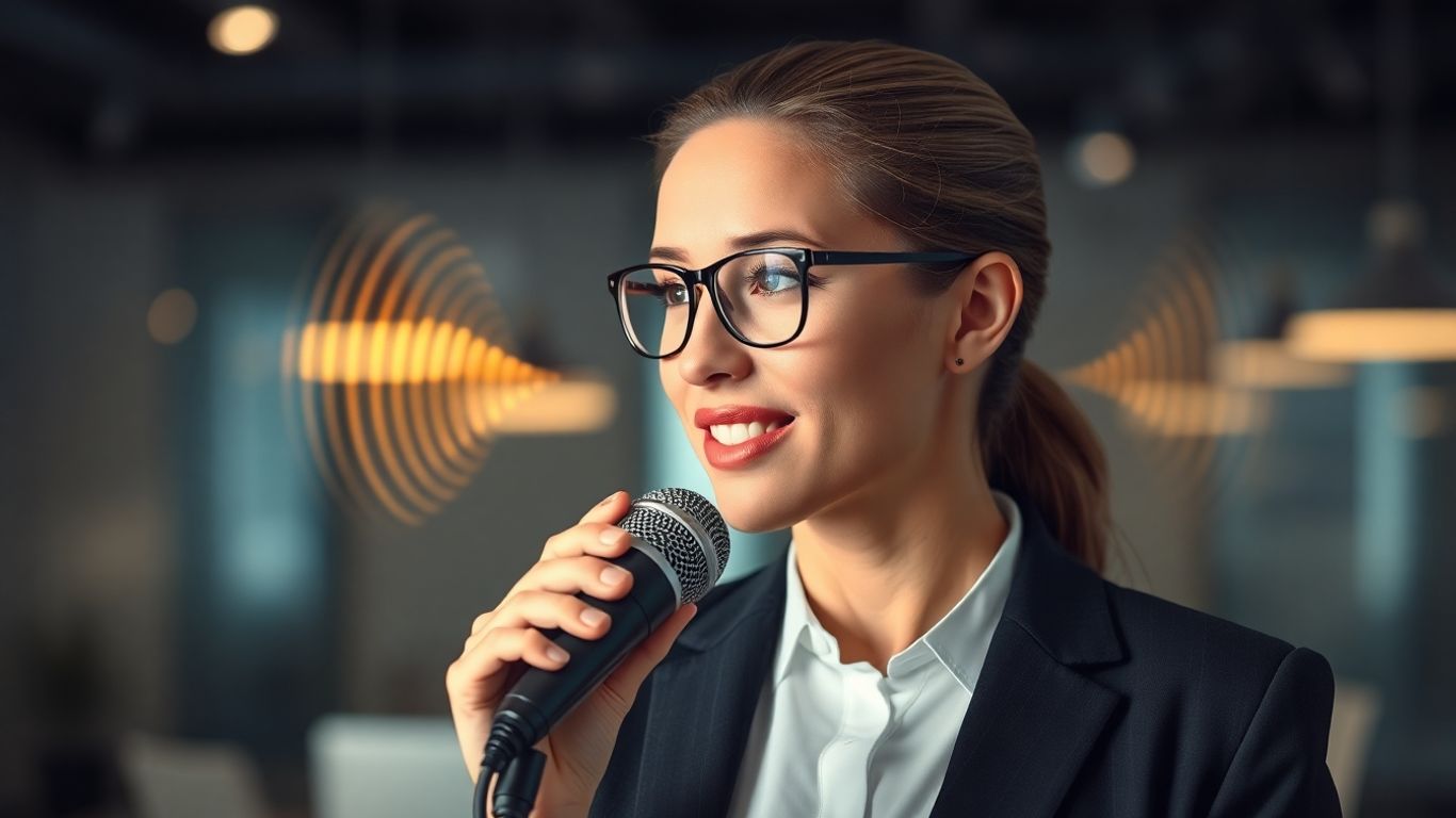 Businessperson speaking into microphone with soundwaves