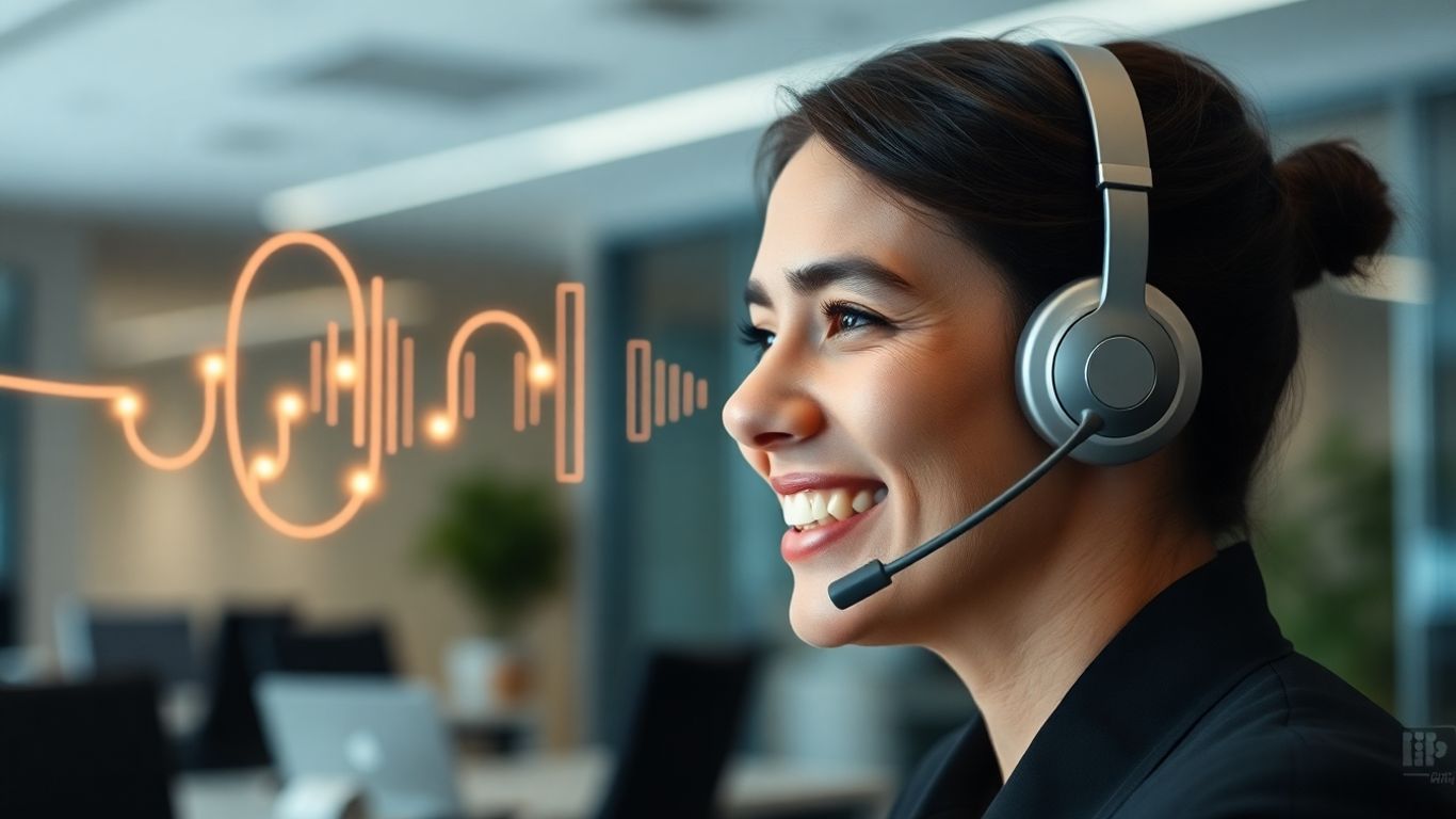 Person using AI answering service headset with glowing data streams.