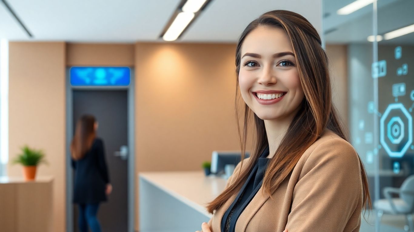 AI answering service receptionist in a modern office.