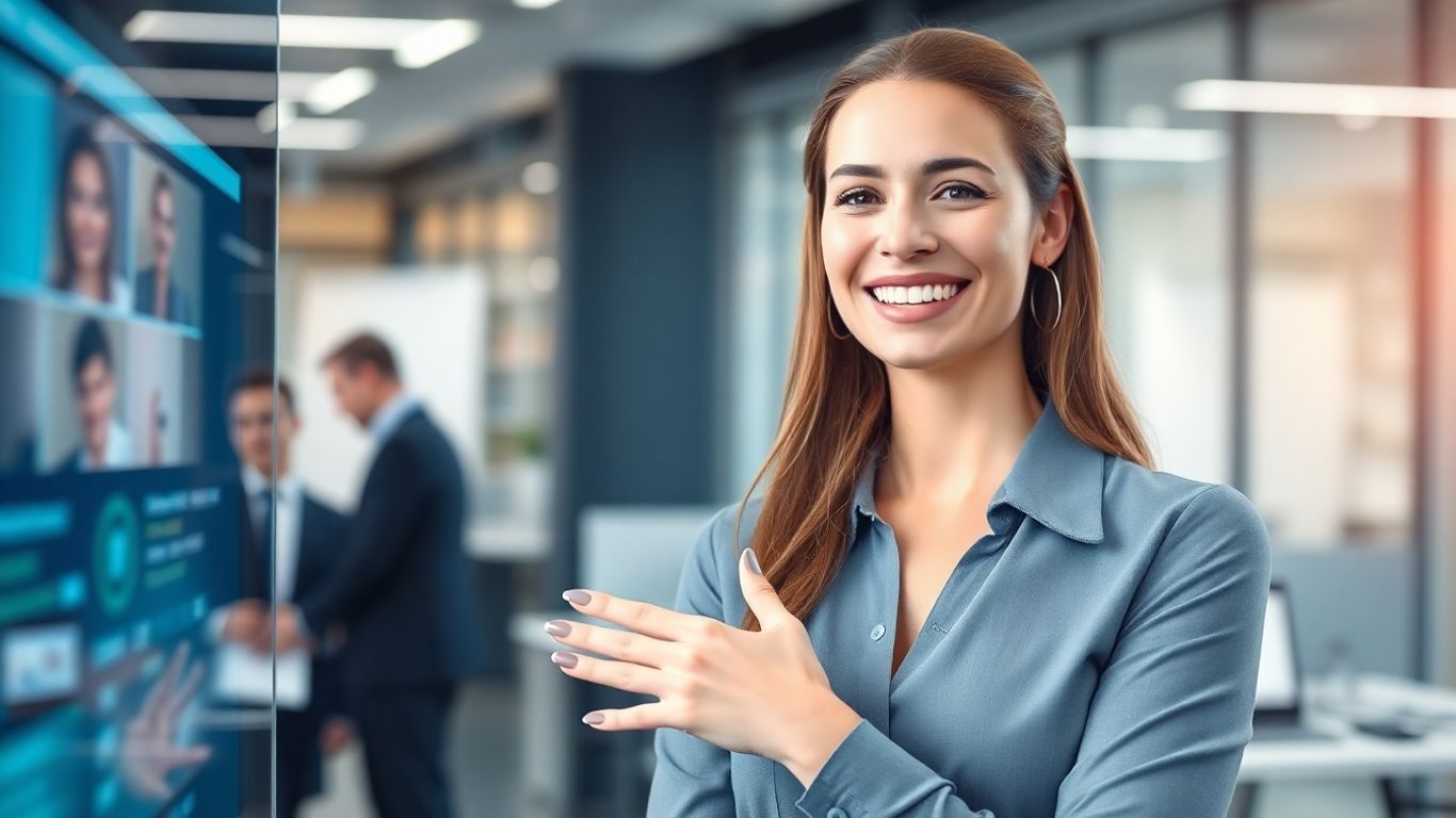 Woman using AI receptionist interface in office
