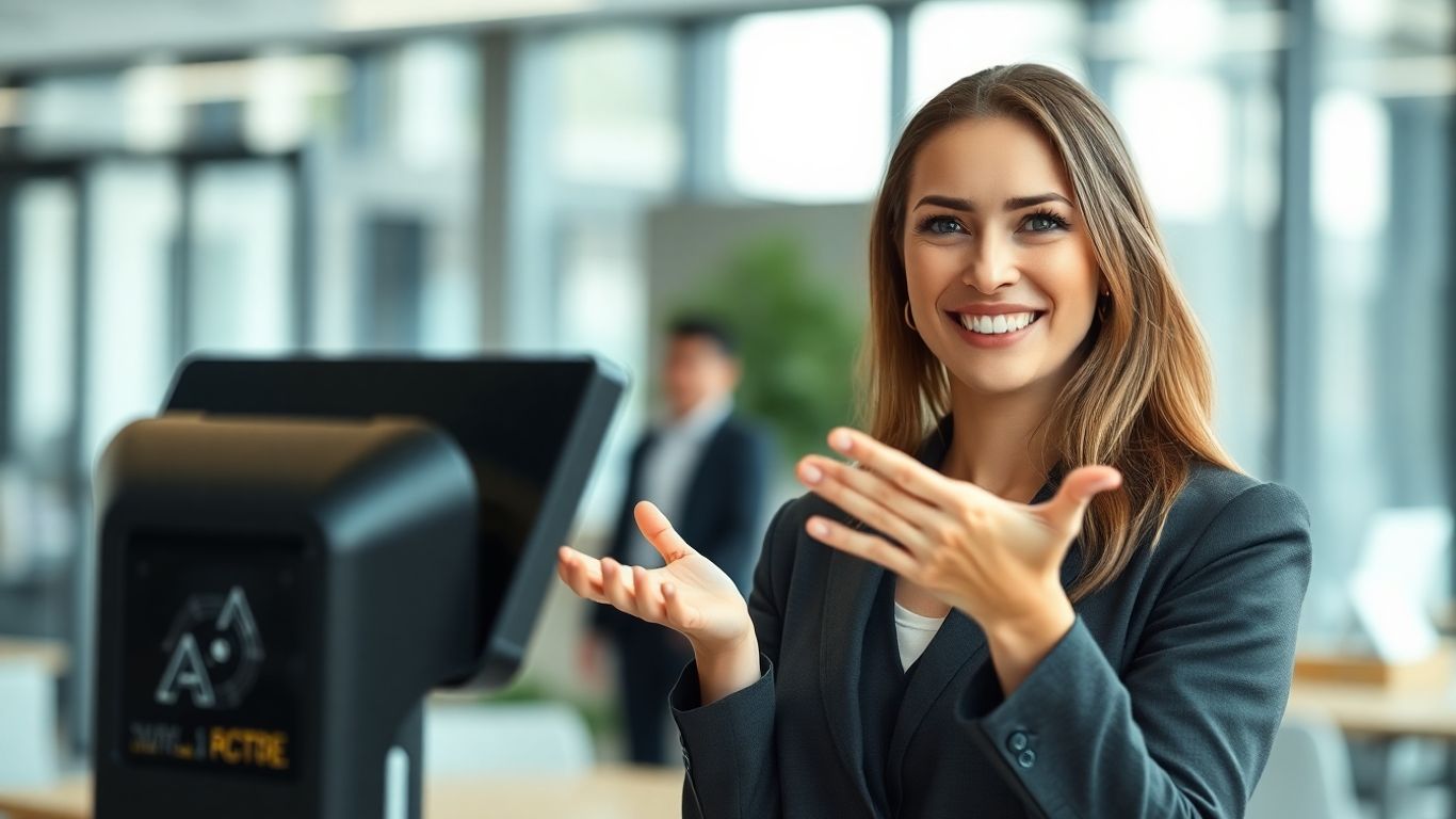 Woman using AI receptionist device in office