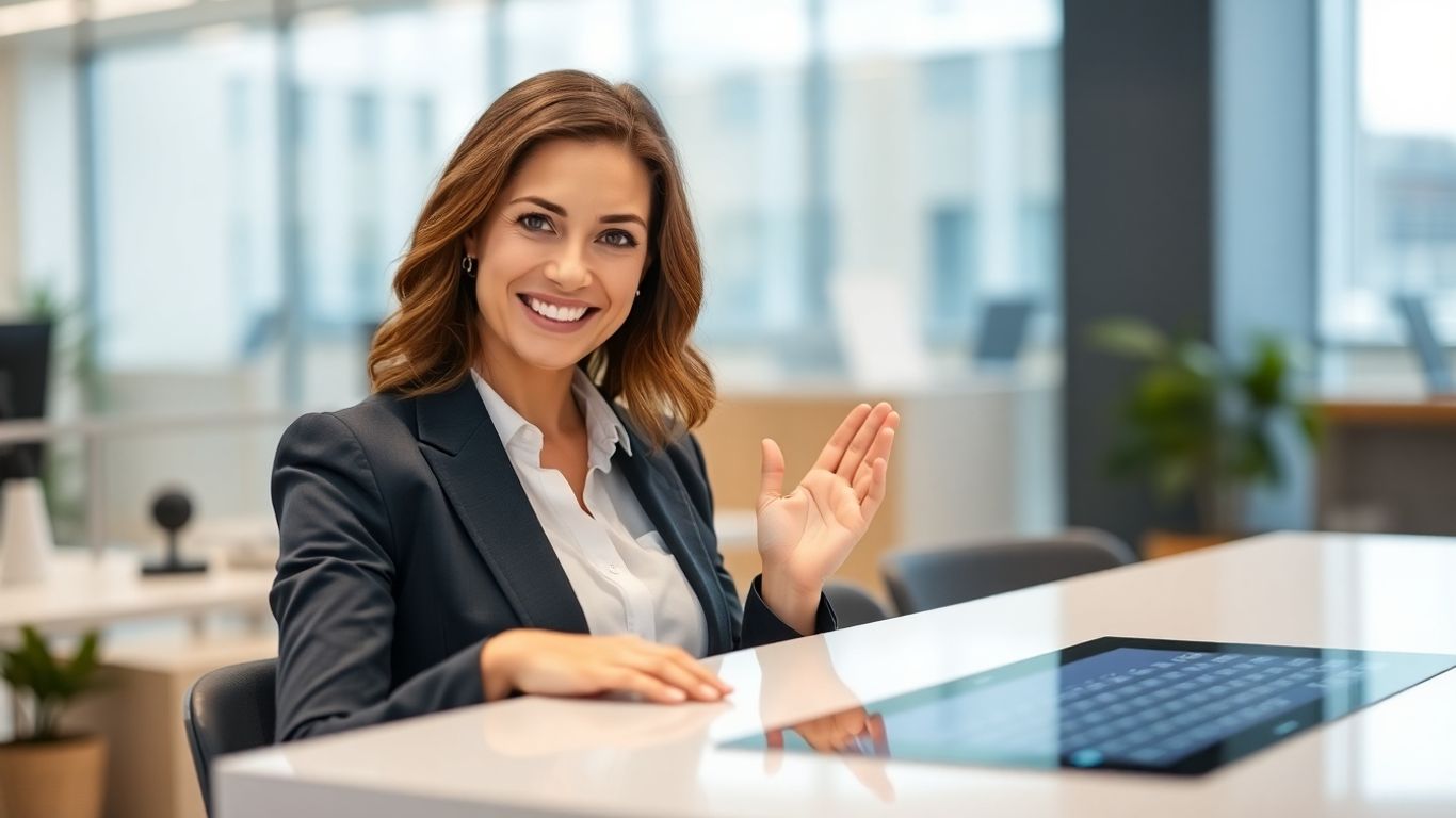 Woman at desk with glowing AI interface