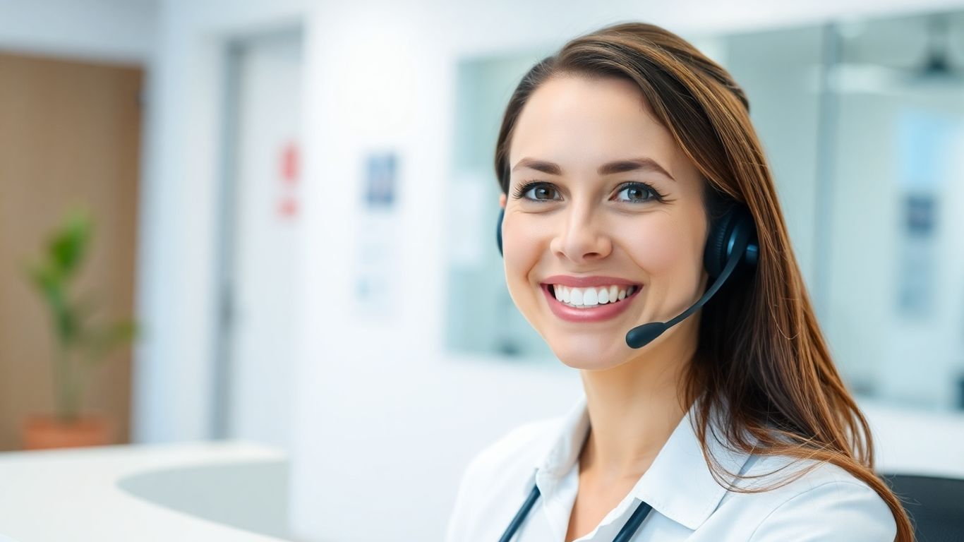Virtual receptionist assisting a patient with a headset.