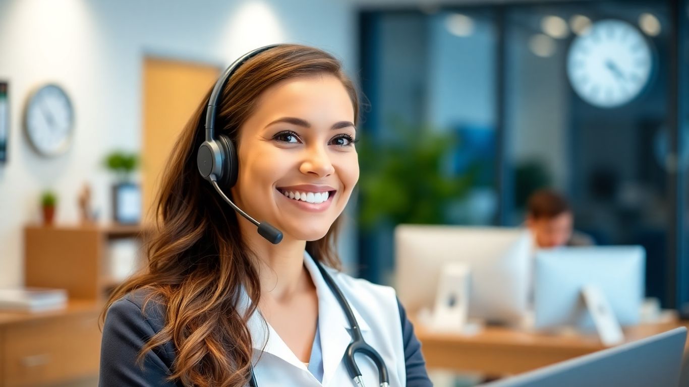 Medical receptionist with headset providing patient support.