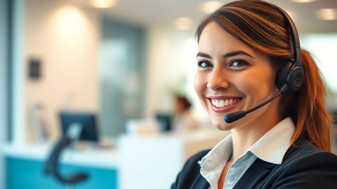 Virtual receptionist with headset assisting patient