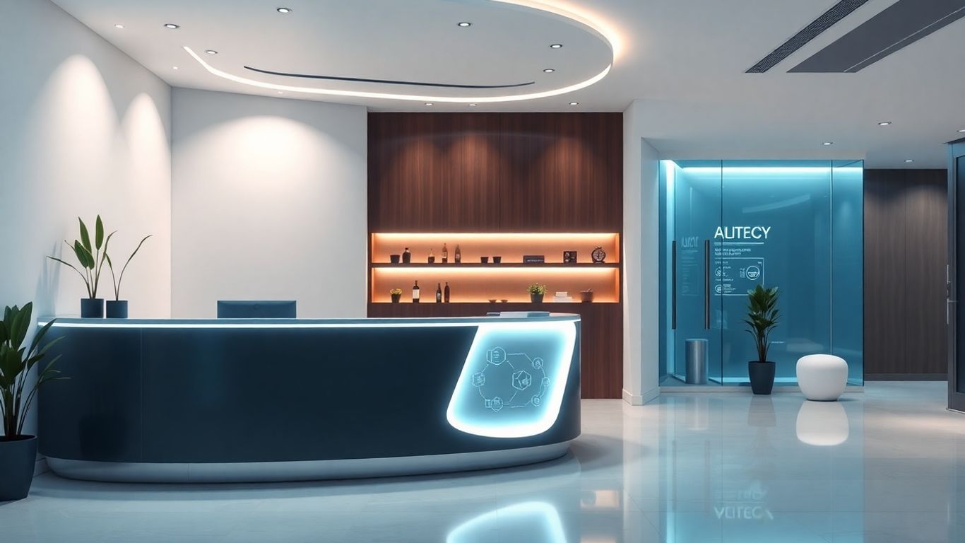 AI receptionist interface in a modern clinic reception area.