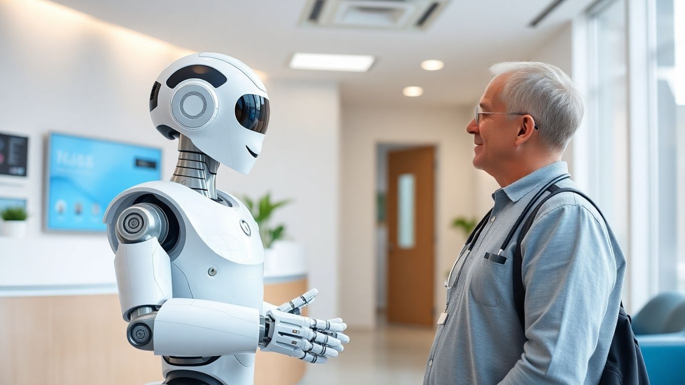 AI robot receptionist assisting a patient in a clinic.
