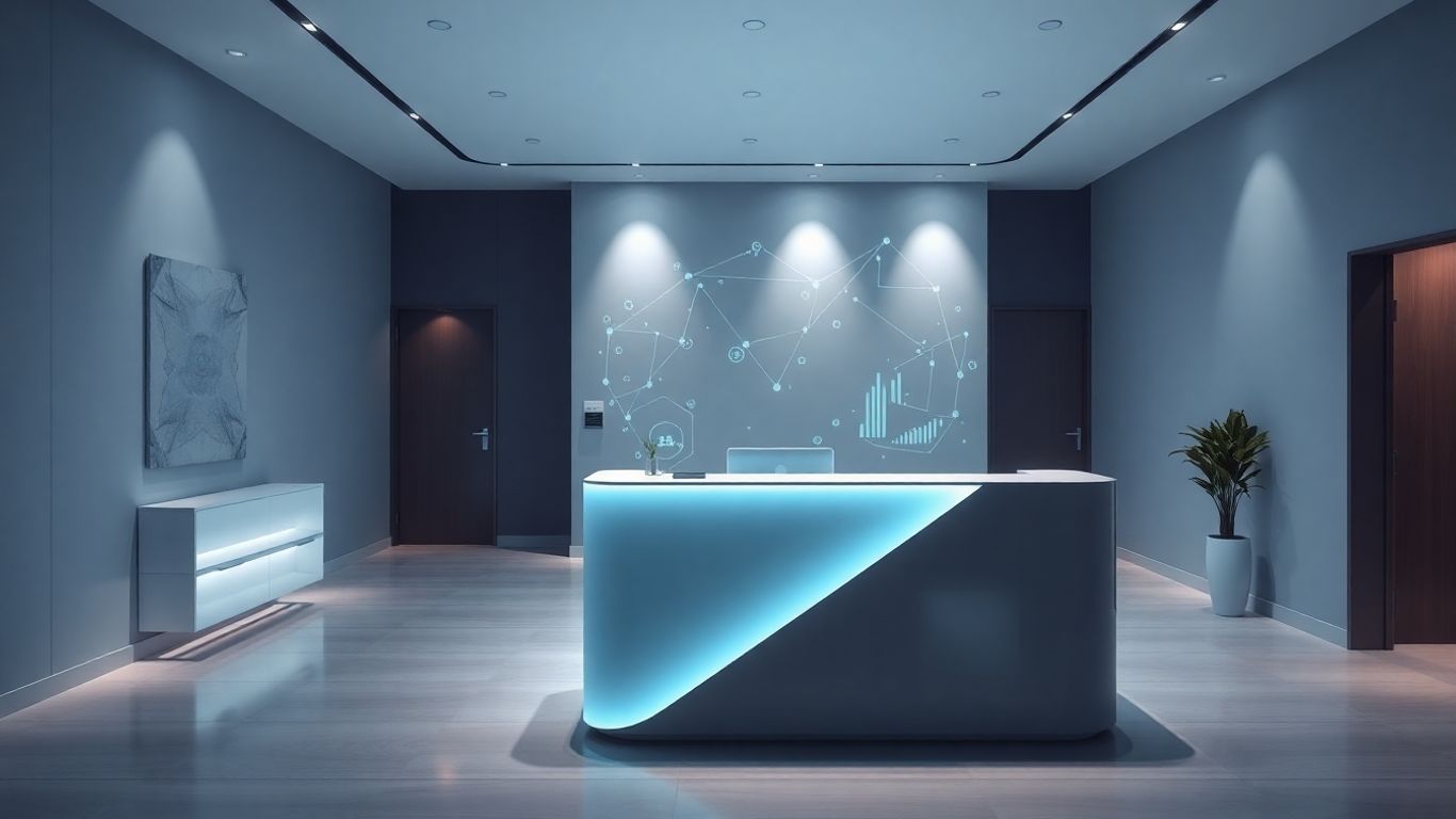 AI medical receptionist interface in a modern clinic.