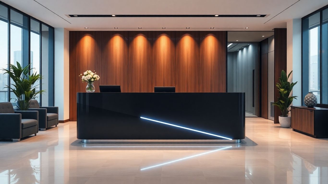 AI receptionist interface in a modern office.