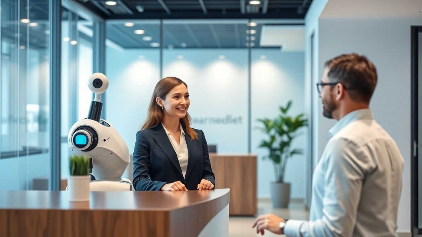 AI receptionist assisting a client in a modern office.