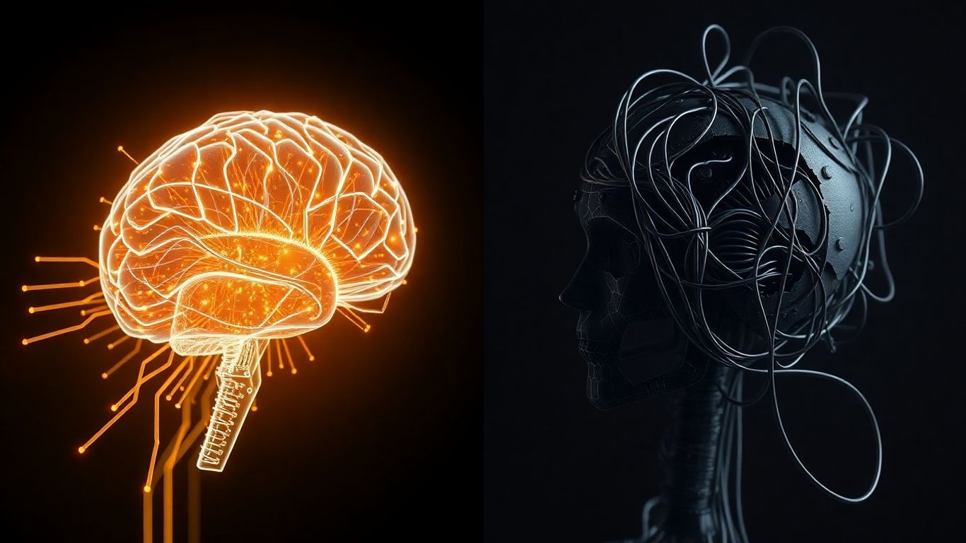 AI brain versus broken robot head