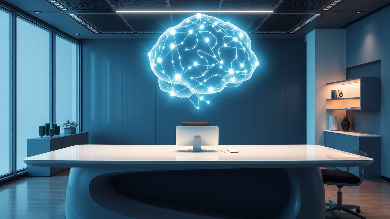Futuristic AI receptionist desk with glowing technology.