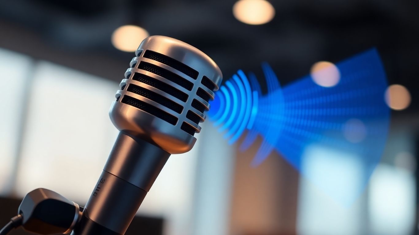 AI receptionist microphone with glowing sound waves.