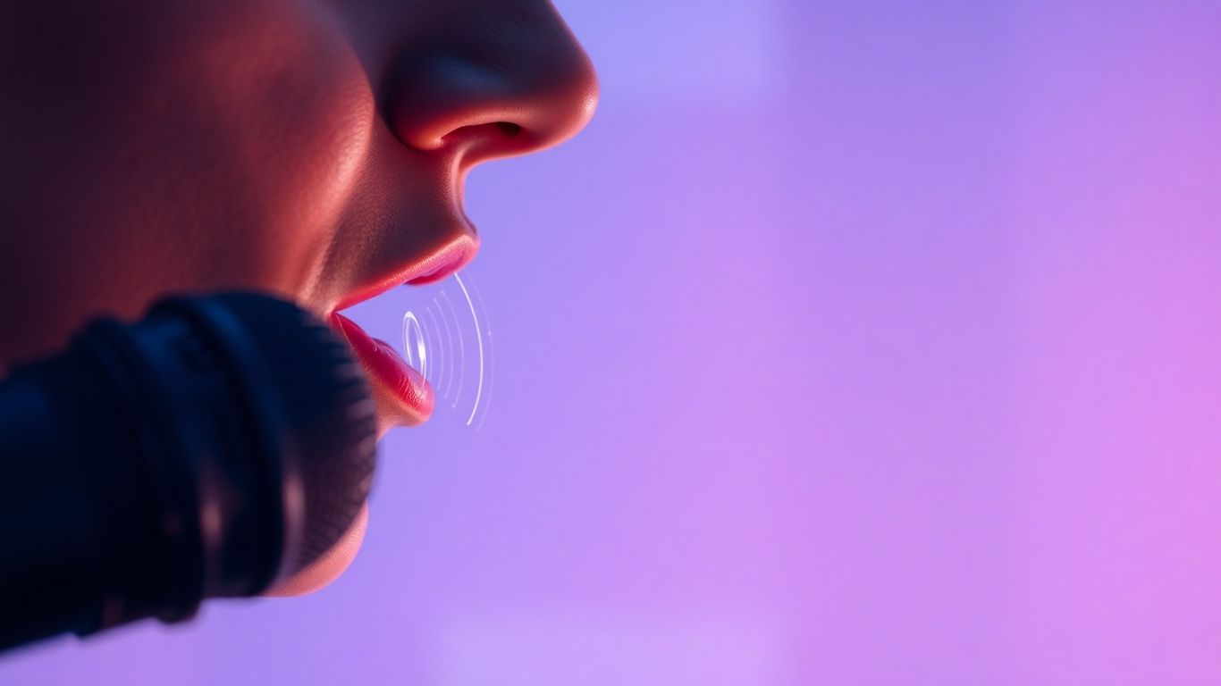 Person speaking into microphone with AI sound waves