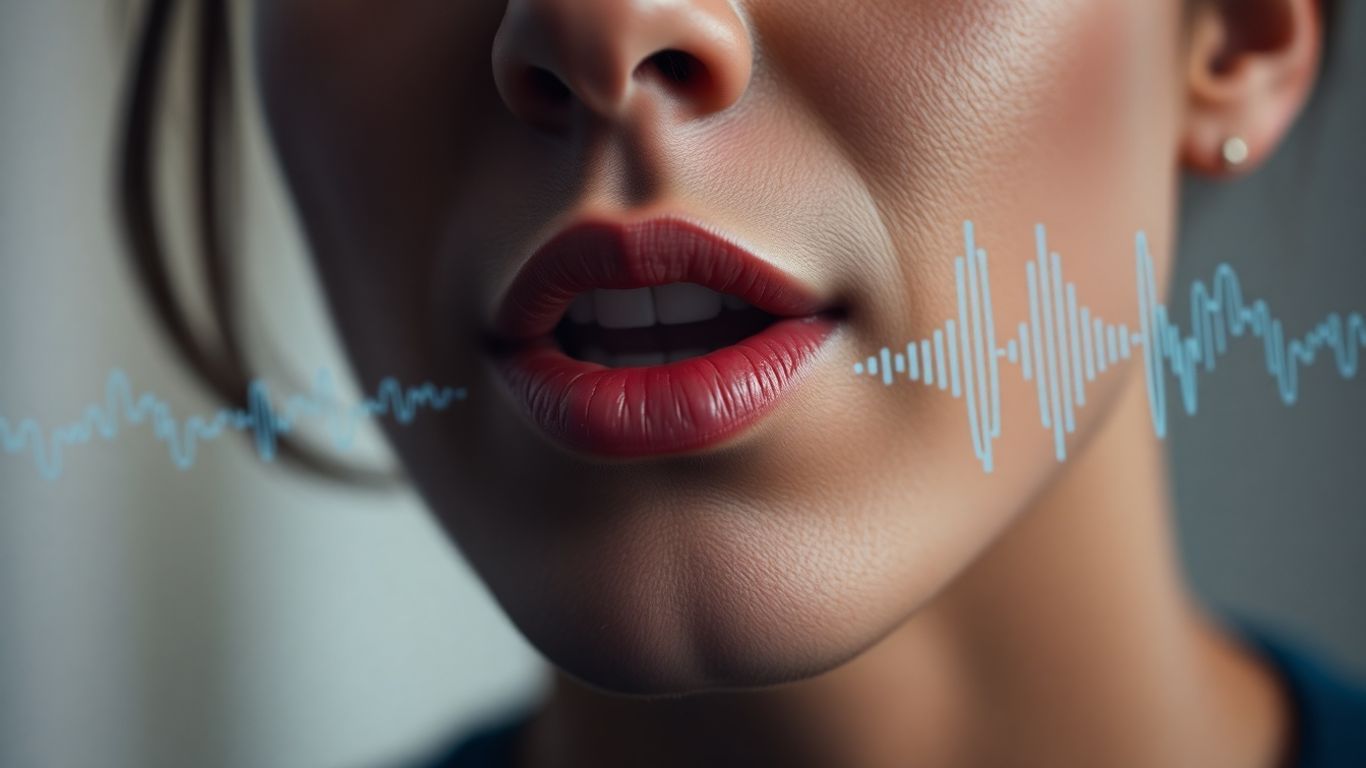 Person speaking with abstract soundwaves