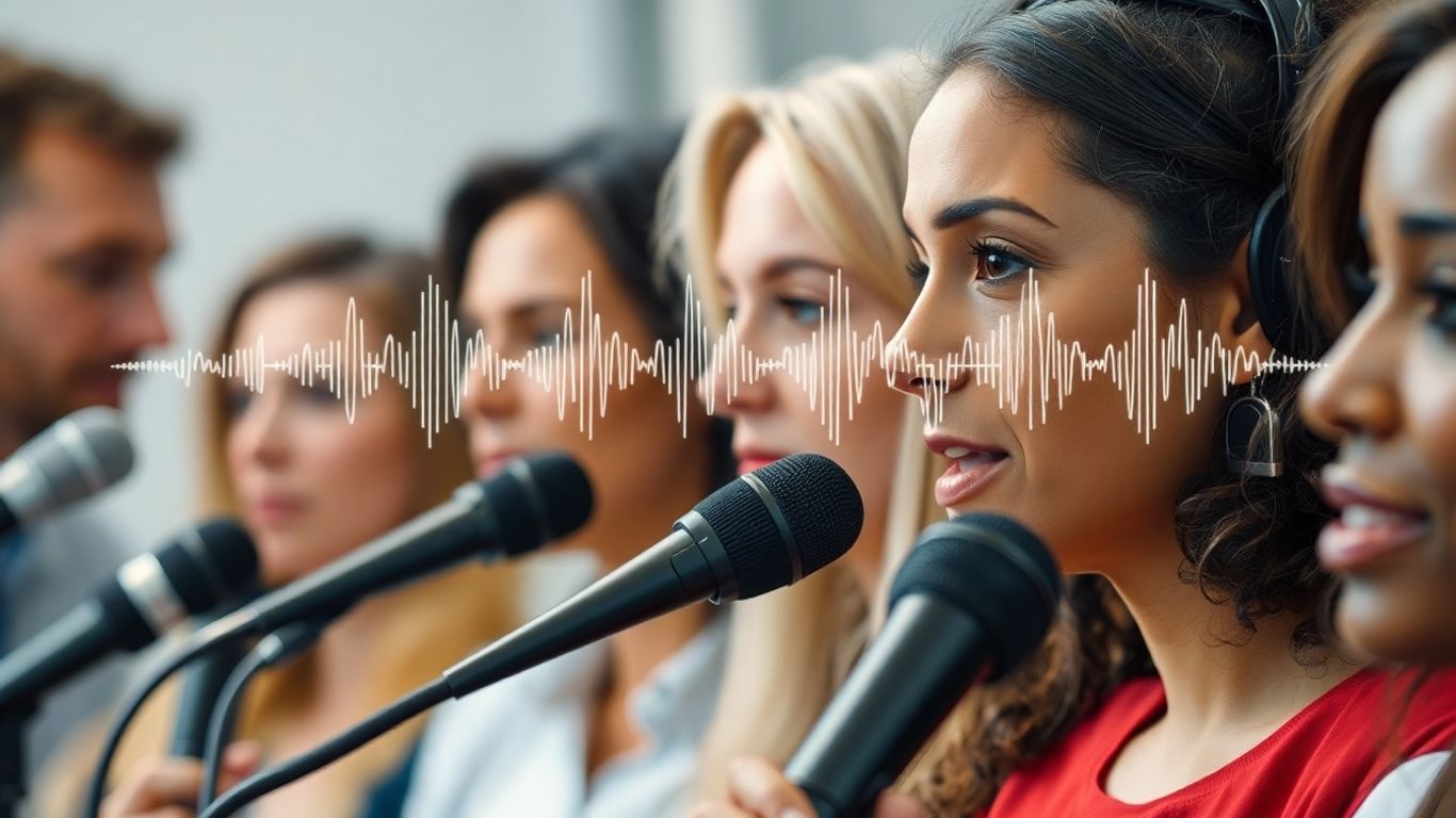 People speaking into microphones with sound waves.