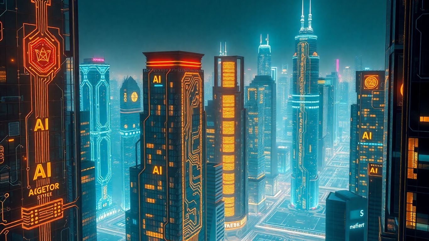 Futuristic cityscape with AI circuits and floating agent forms.
