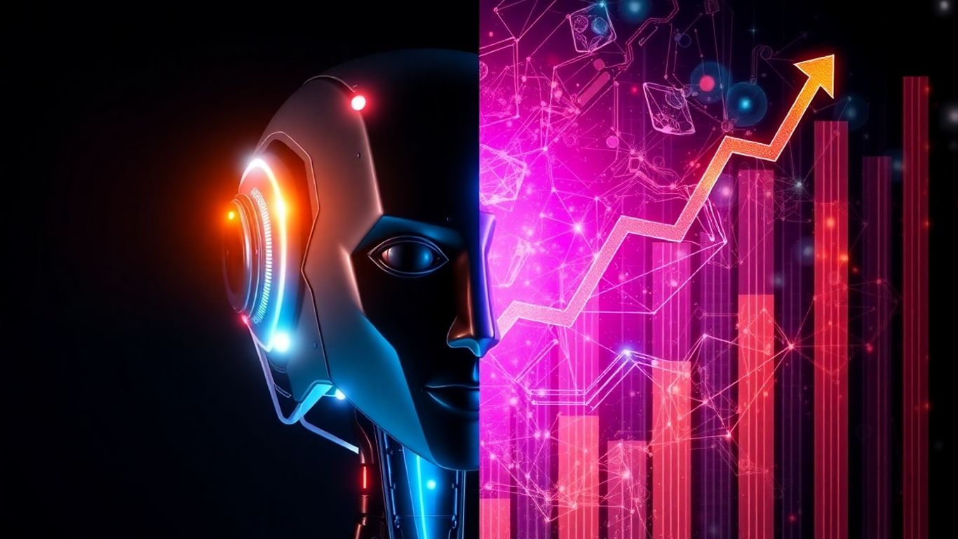 AI robot head and abstract growth pattern.