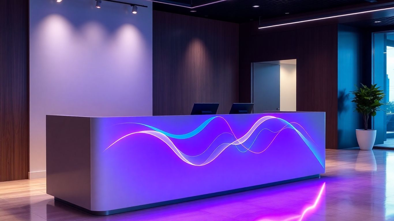 AI receptionist interface glowing on a modern desk.