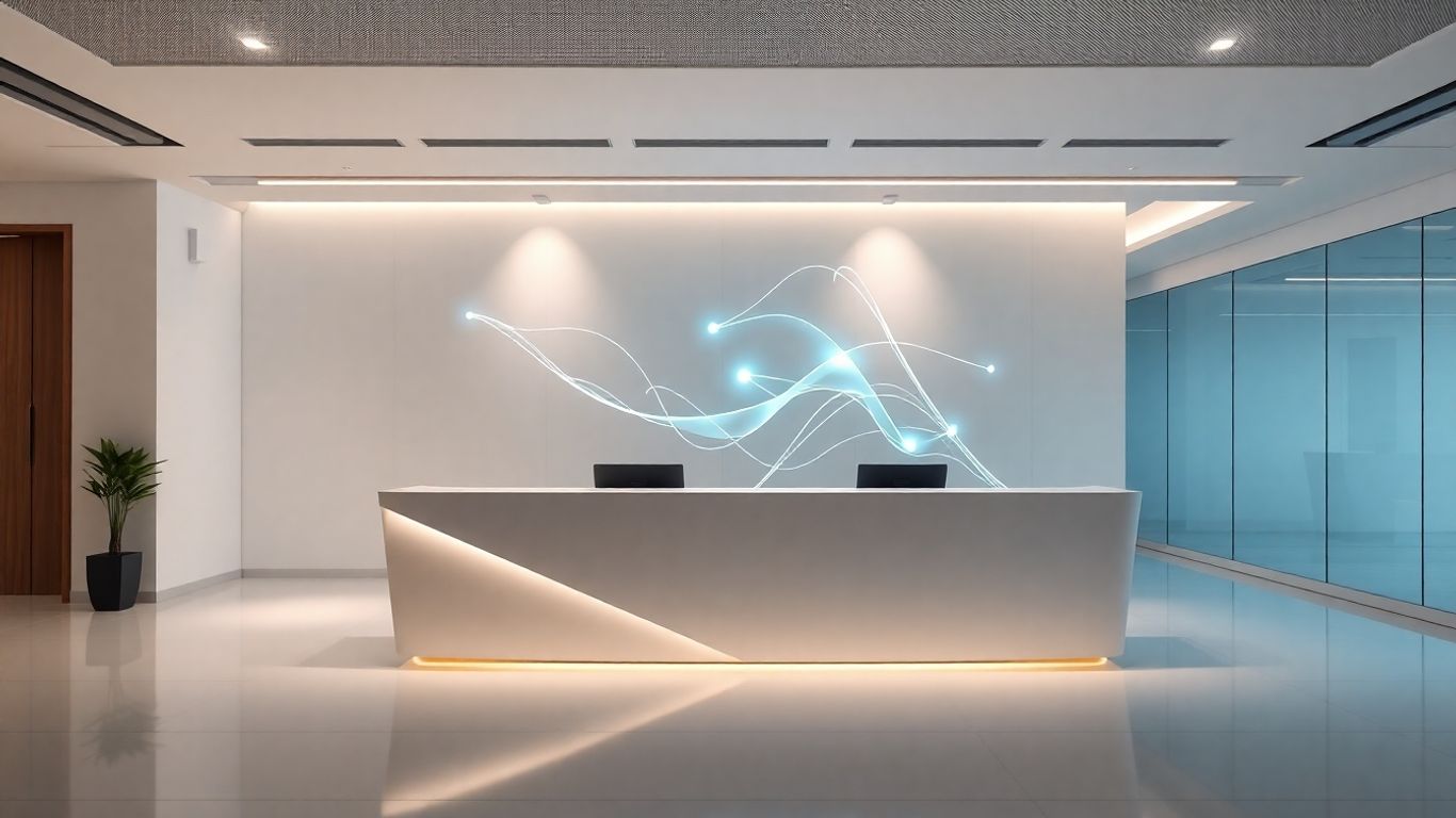 AI receptionist interface at a modern office desk.