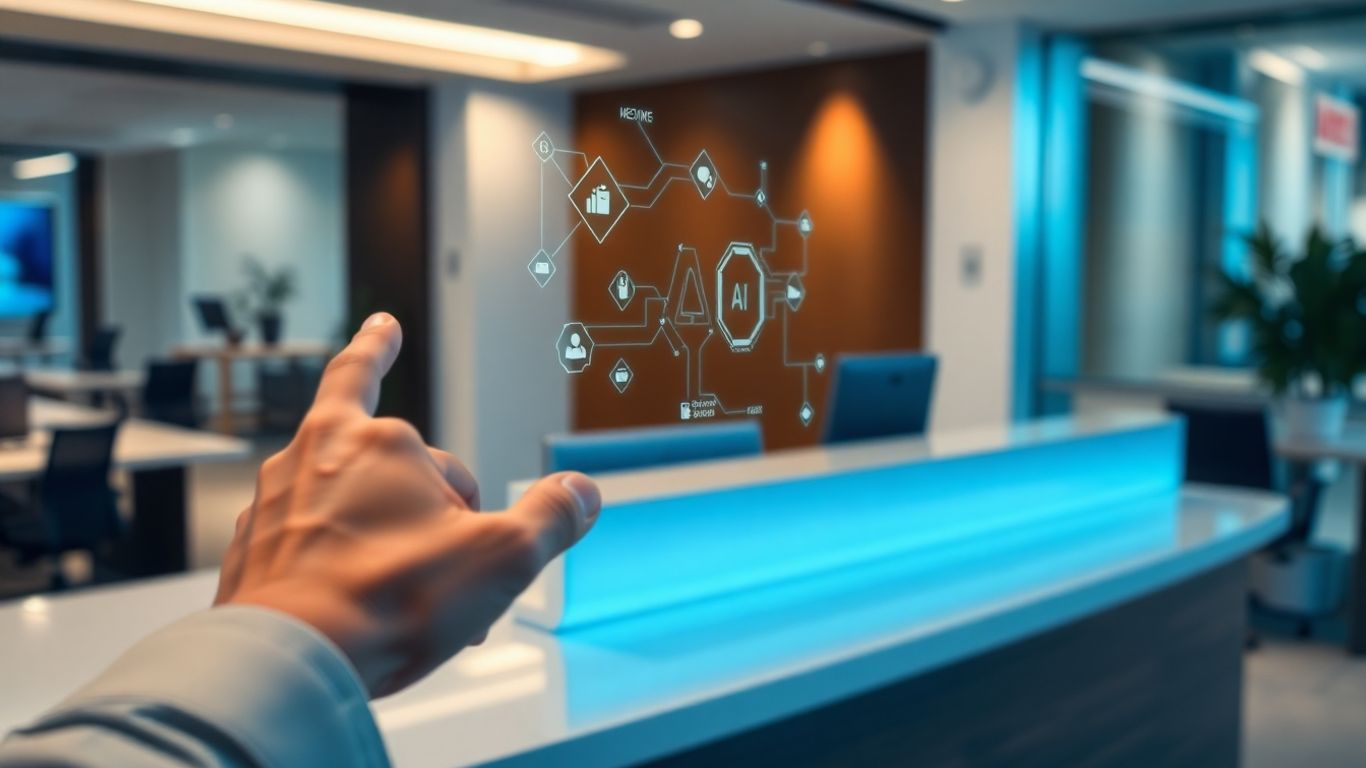 AI receptionist interface interacting with a human hand.