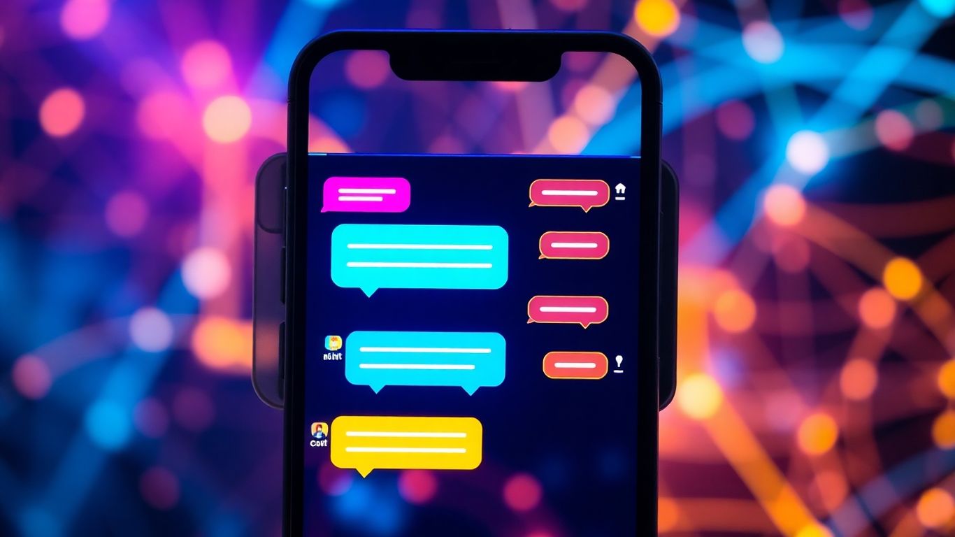 Smartphone with AI chatbot interface and digital patterns.