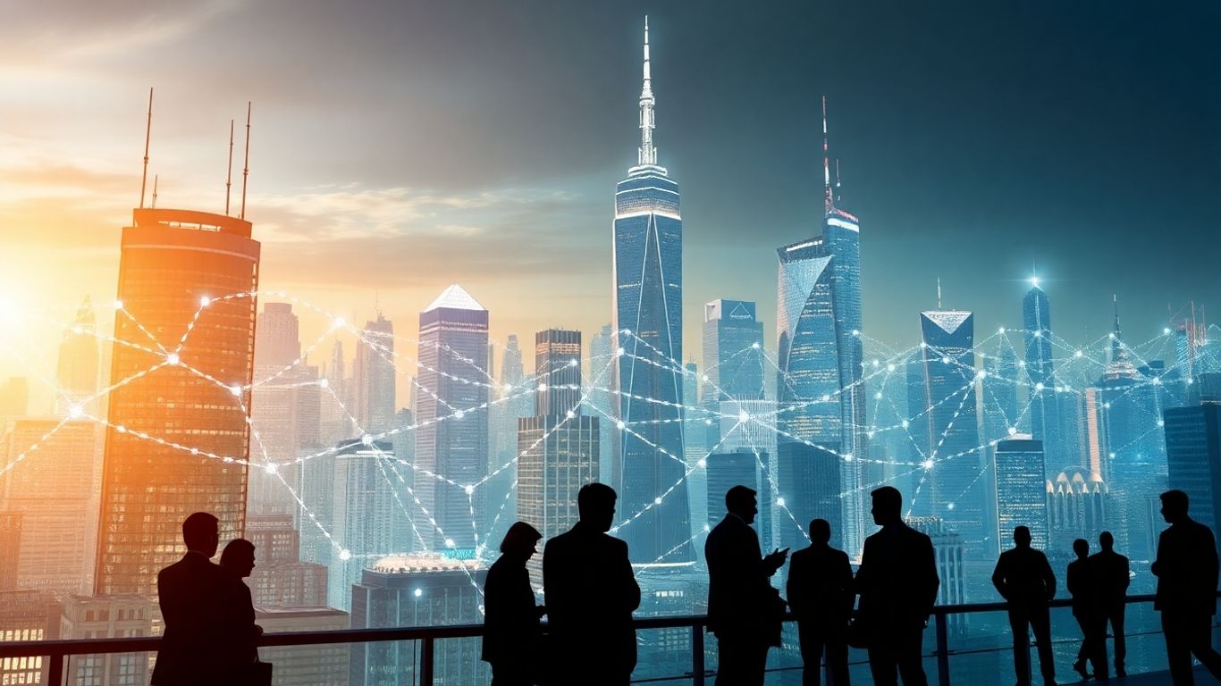 AI voice technology cityscape with neural network patterns.