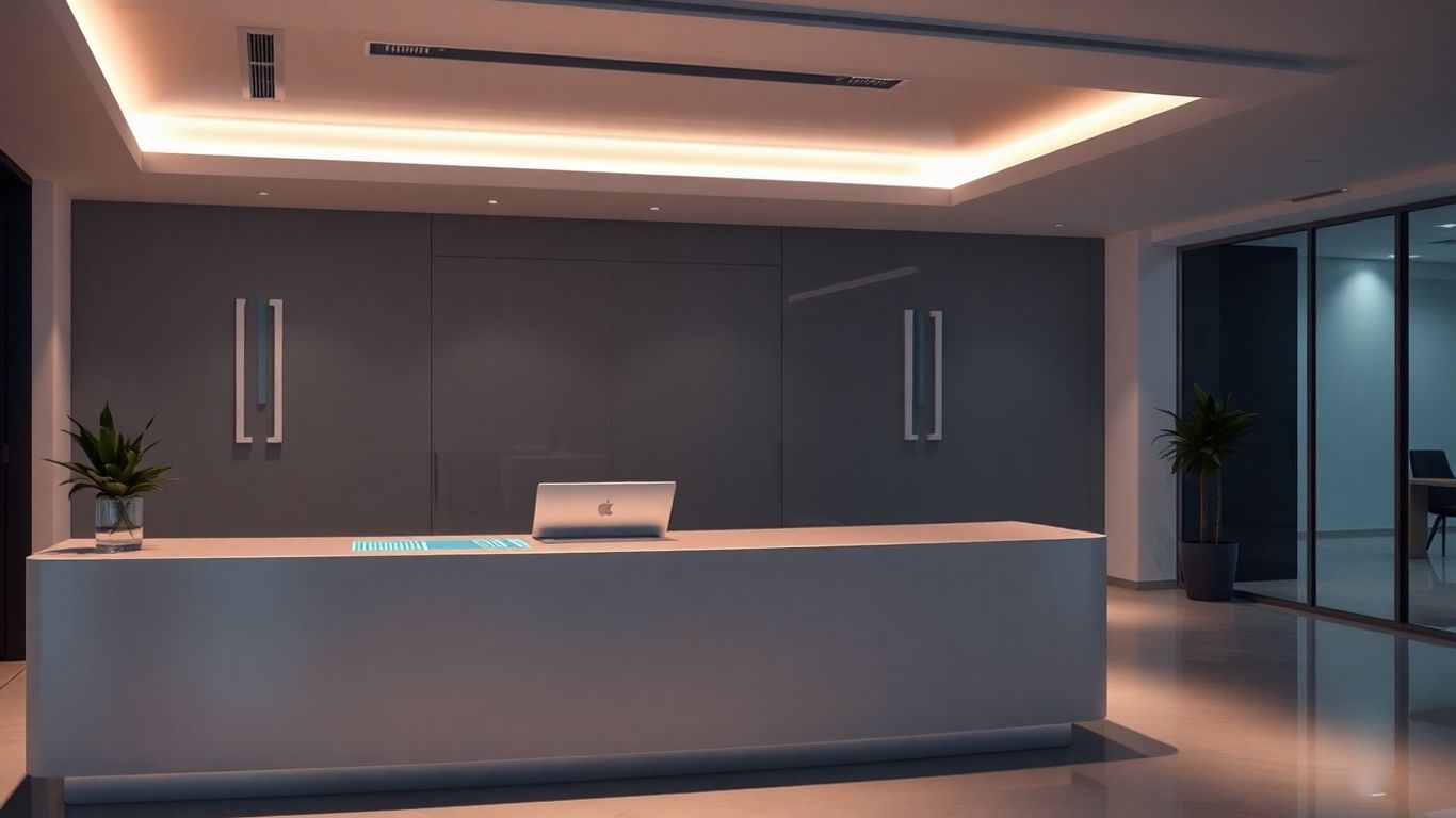AI receptionist interface at a modern office desk.