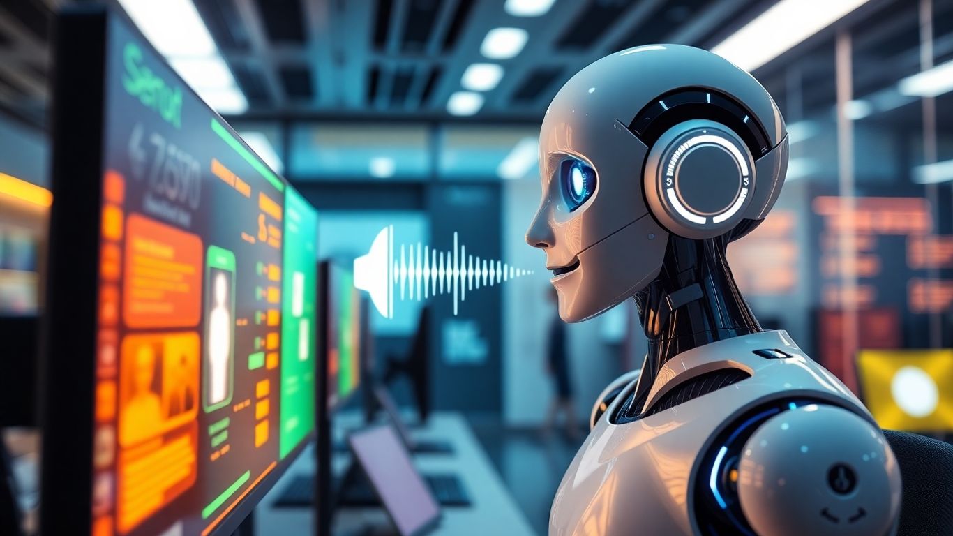 Robot assistant and voice waveform in a futuristic call center.