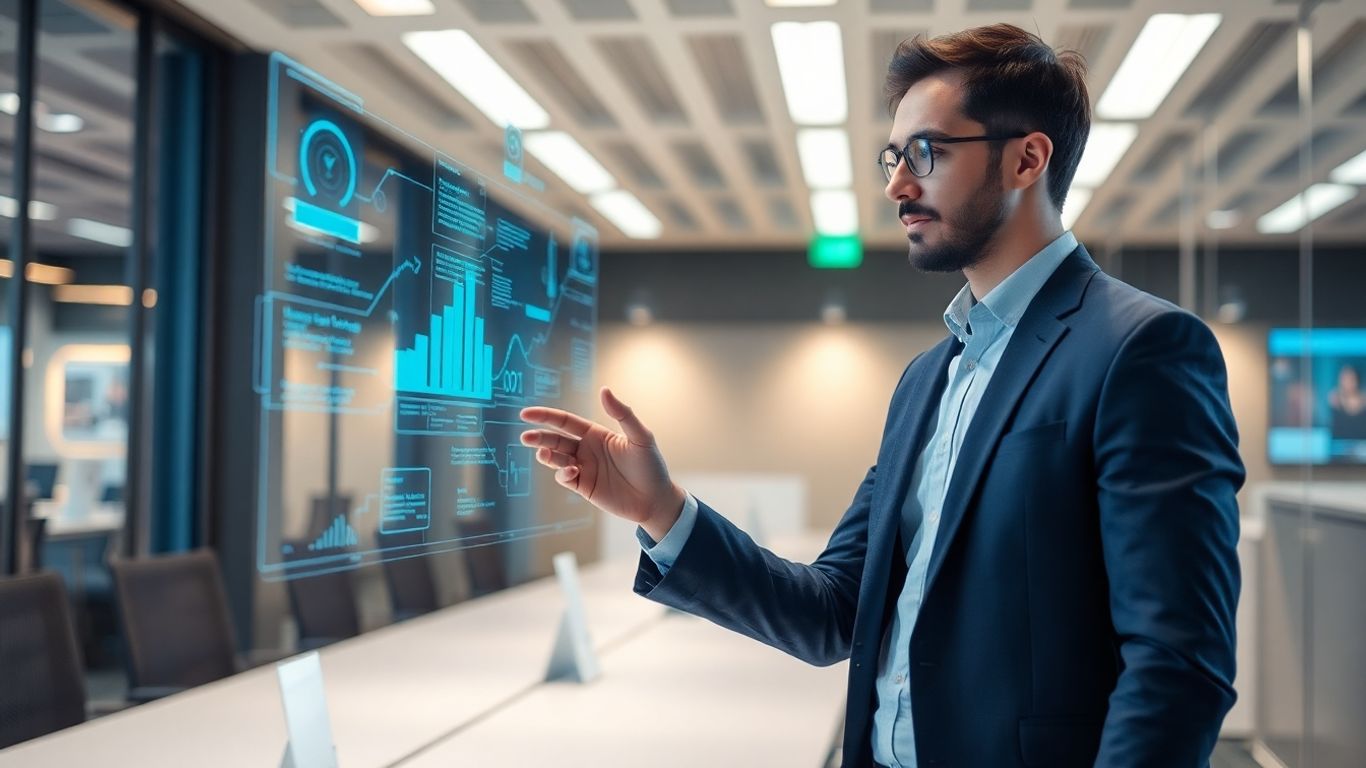 Professional interacting with futuristic holographic interface