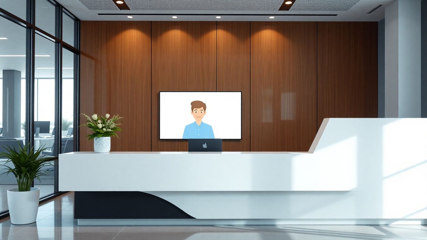 AI receptionist avatar on office reception screen