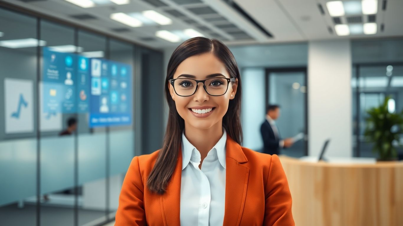 AI receptionist avatar in a modern office setting.