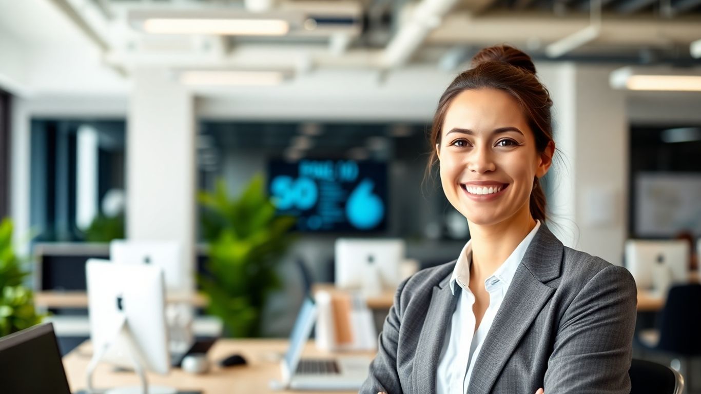 AI receptionist smiling in a modern office.
