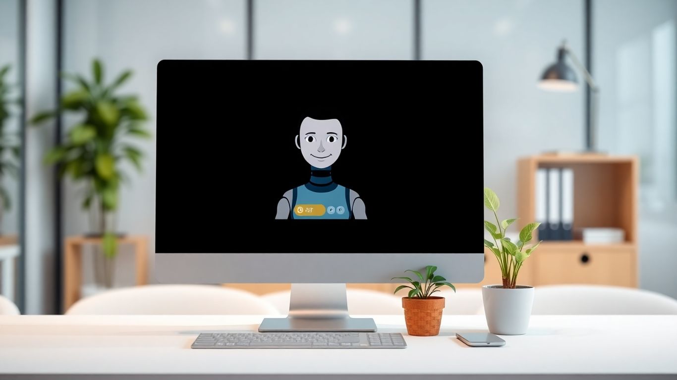 AI receptionist avatar on computer screen in office