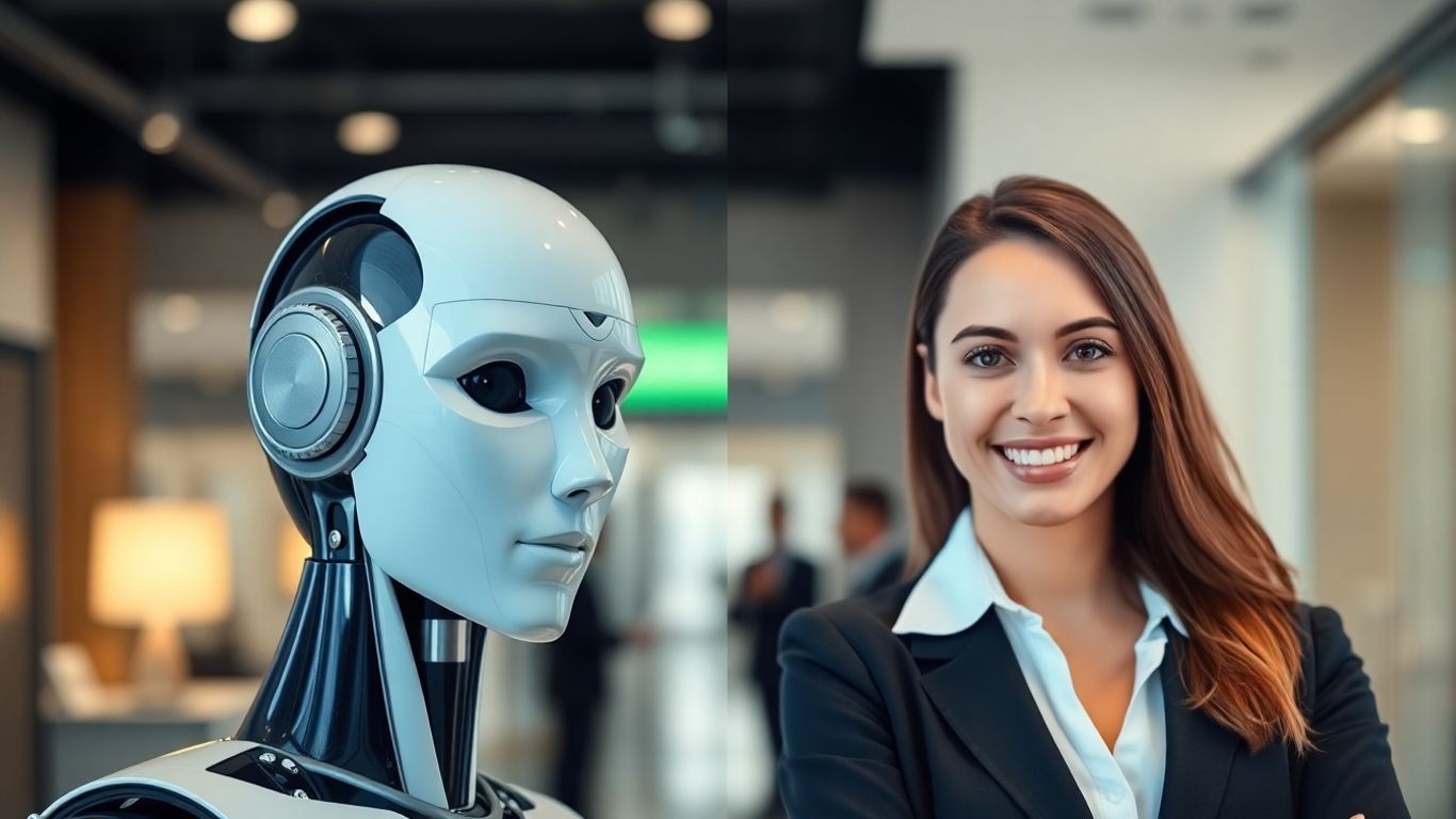 AI robot head versus human receptionist comparison