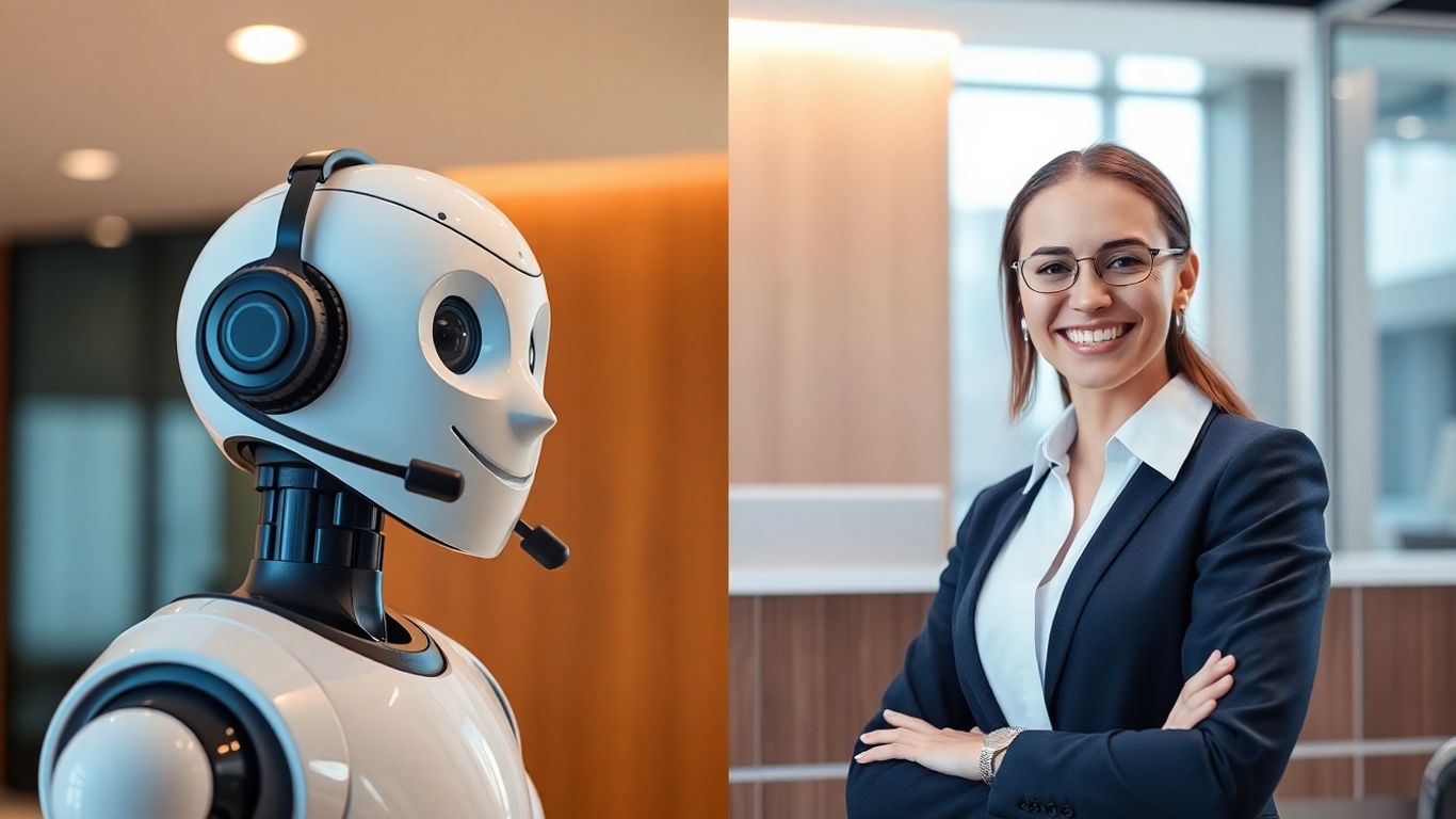 AI robot and human receptionist side-by-side