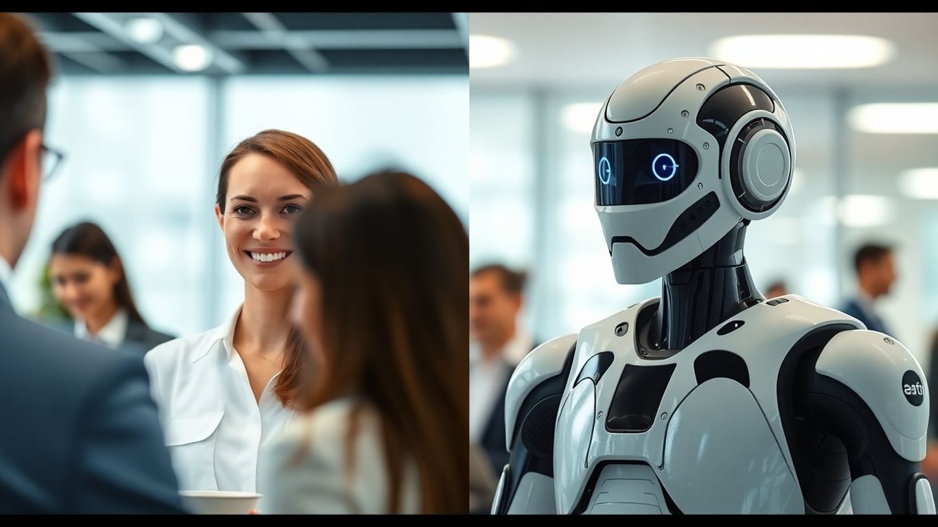 Human receptionist and AI robot interacting with people.