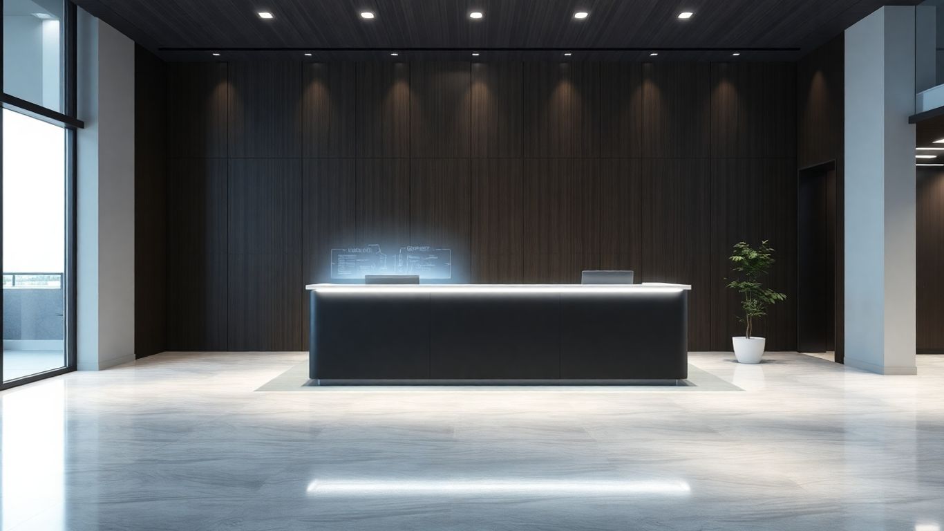 AI receptionist desk with glowing digital interface