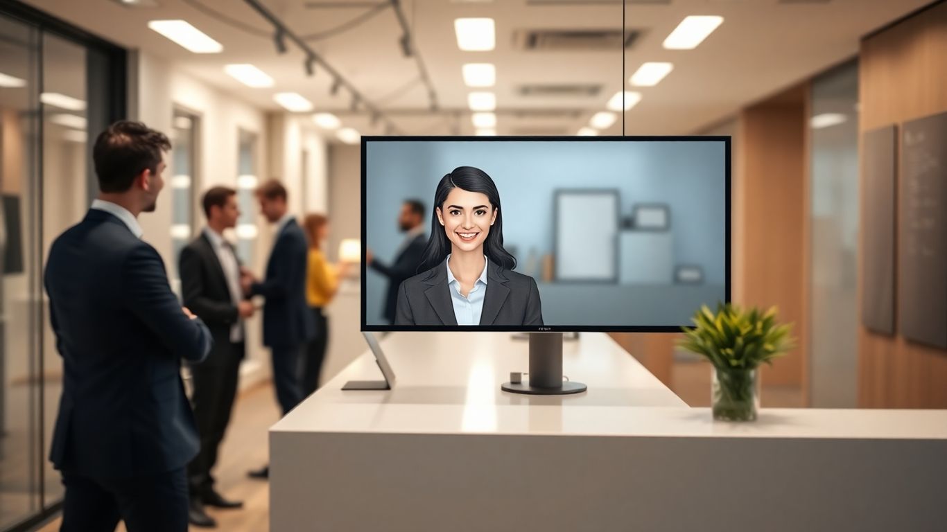 AI receptionist avatar assisting agency professionals in a modern office.