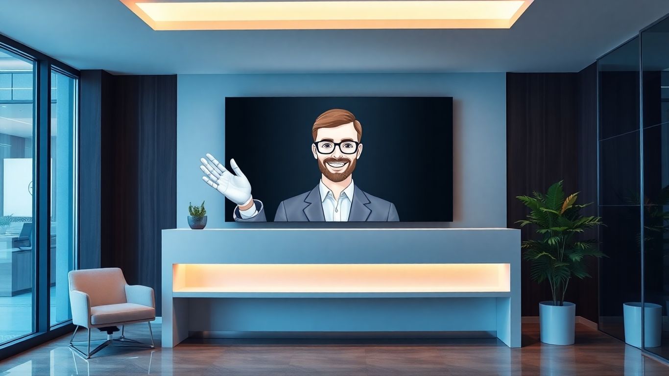 AI receptionist avatar greeting visitors in a modern office.