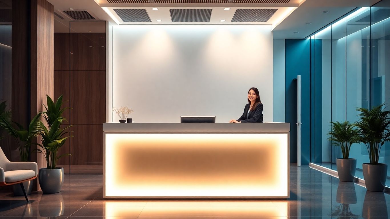 Professional receptionist in a modern office setting.